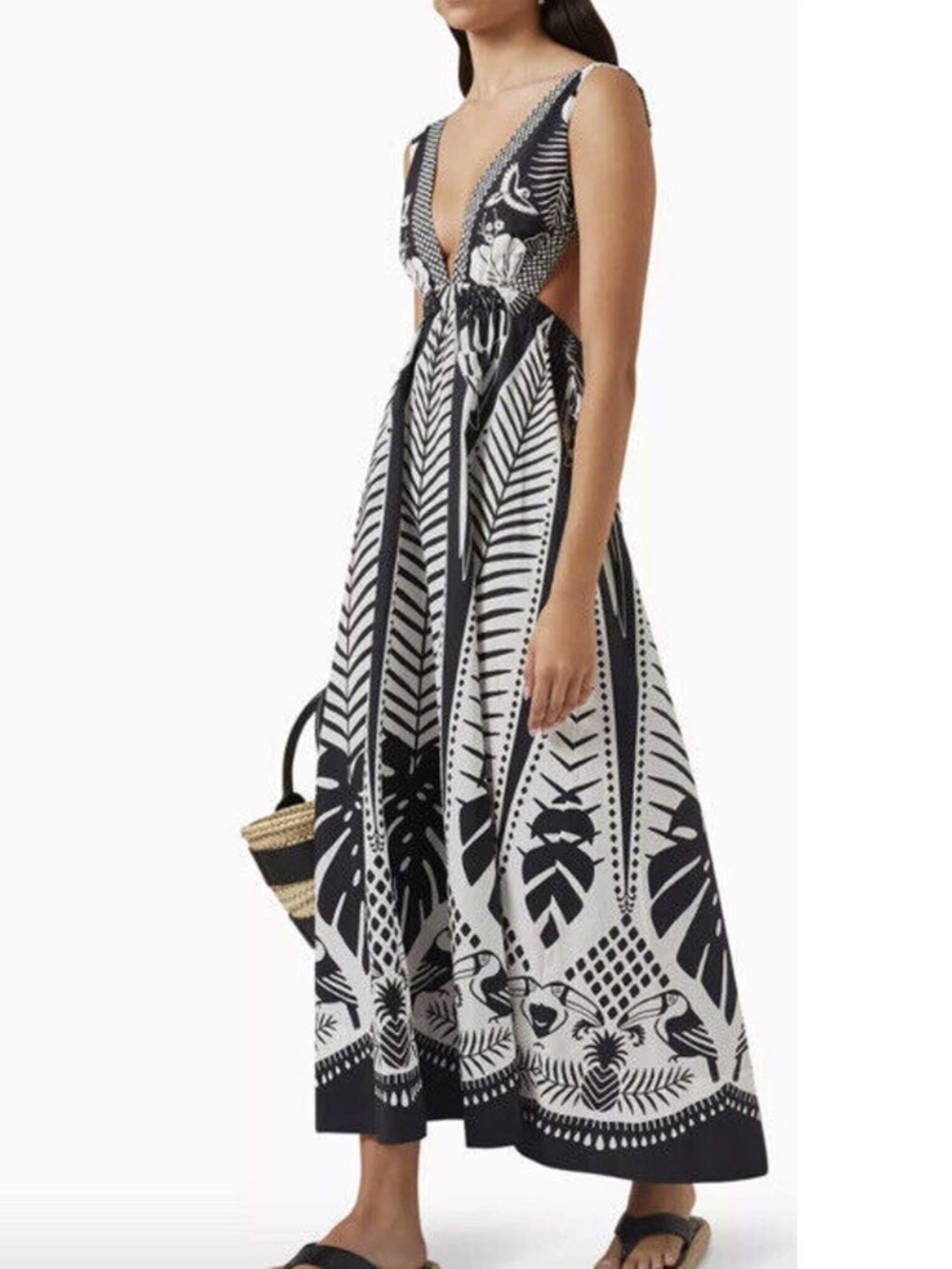 FARM Rio Macaw Black & White Midi-Maxi Dress Boho Artistic 100% Cotton Size XL